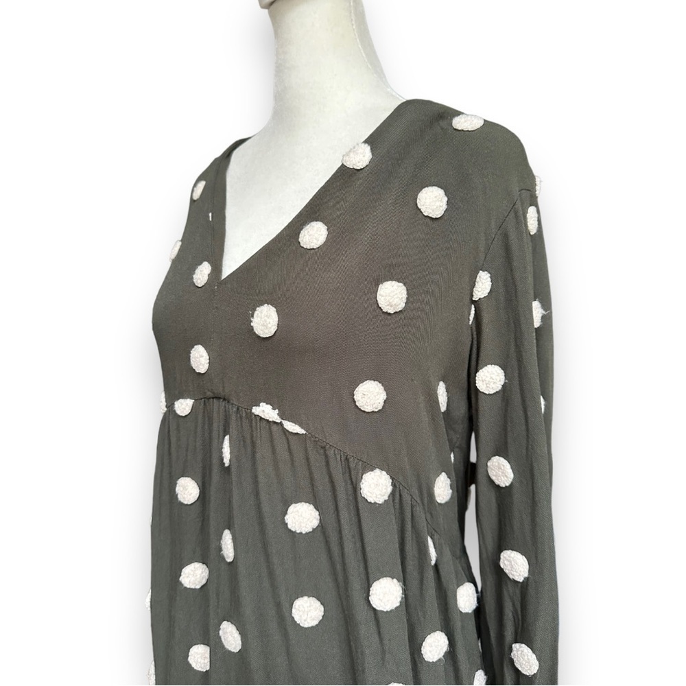 Zara Khaki Green Embroidered Polka Dot Long Sleeve Baby-Doll Dress | Medium - Picture 8 of 14